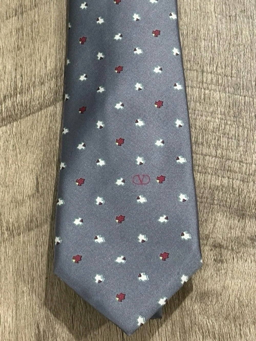 Valentino Grey Silk pattern Tie with Red and White